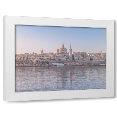 The harbour and St. Pauls Anglican Cathedral at Valletta, Malta White Modern Wood Framed Art Print by Frank, Assaf