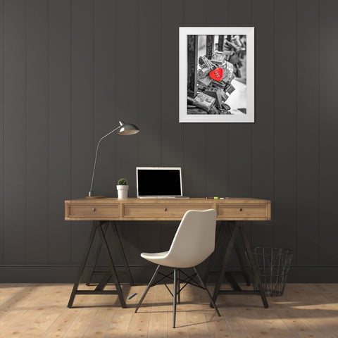 Love padlocks on bridge railing, St Julians, Malta White Modern Wood Framed Art Print by Frank, Assaf
