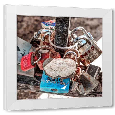 Love padlocks on bridge railing, St Julians, Malta White Modern Wood Framed Art Print by Frank, Assaf