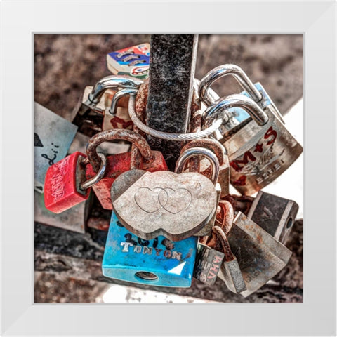 Love padlocks on bridge railing, St Julians, Malta White Modern Wood Framed Art Print by Frank, Assaf