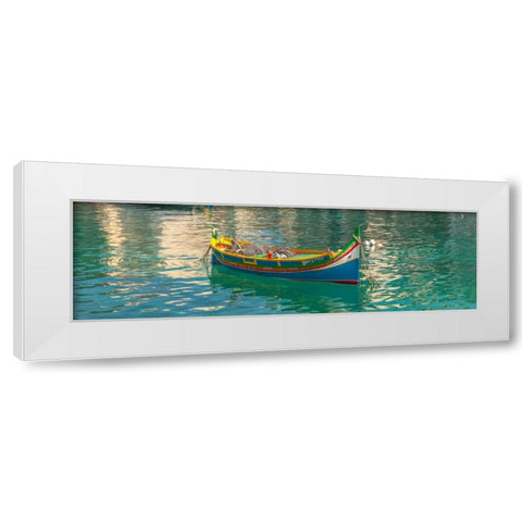 Colorful Maltese boats in St Julians bay, Malta White Modern Wood Framed Art Print by Frank, Assaf