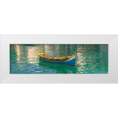 Colorful Maltese boats in St Julians bay, Malta White Modern Wood Framed Art Print by Frank, Assaf