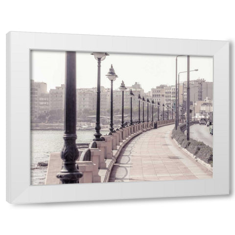 Road by the sea at St Julians bay, Malta White Modern Wood Framed Art Print by Frank, Assaf