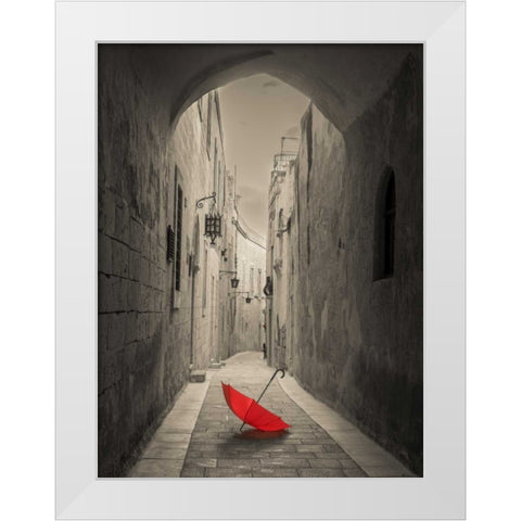 Red umbrella on narrow street of Mdina, Malta White Modern Wood Framed Art Print by Frank, Assaf