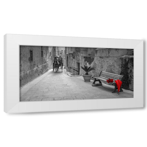 Umbrella with bunch of roses on bench, Mdina, Malta White Modern Wood Framed Art Print by Frank, Assaf