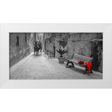 Umbrella with bunch of roses on bench, Mdina, Malta White Modern Wood Framed Art Print by Frank, Assaf