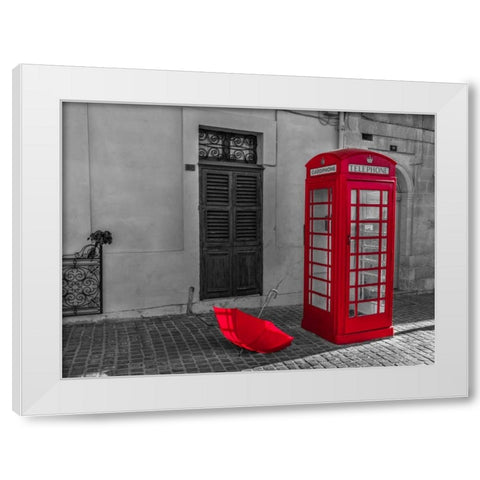 Red umbrella and Telephone box on street of Marsaxlokk, Malta White Modern Wood Framed Art Print by Frank, Assaf