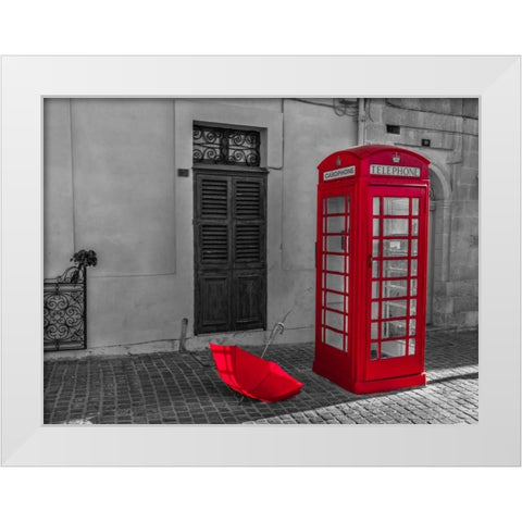 Red umbrella and Telephone box on street of Marsaxlokk, Malta White Modern Wood Framed Art Print by Frank, Assaf