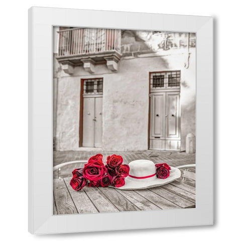 Female hat with bunch of roses on cafe table, Malta White Modern Wood Framed Art Print by Frank, Assaf