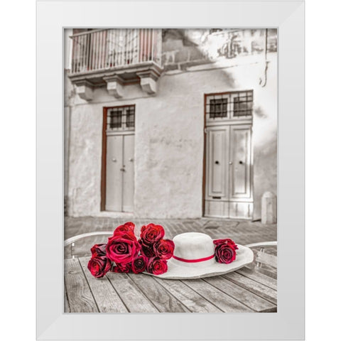 Female hat with bunch of roses on cafe table, Malta White Modern Wood Framed Art Print by Frank, Assaf