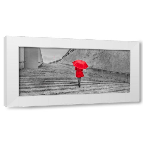 Tourist with red umbrella, Malta White Modern Wood Framed Art Print by Frank, Assaf