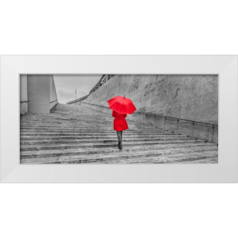 Tourist with red umbrella, Malta White Modern Wood Framed Art Print by Frank, Assaf
