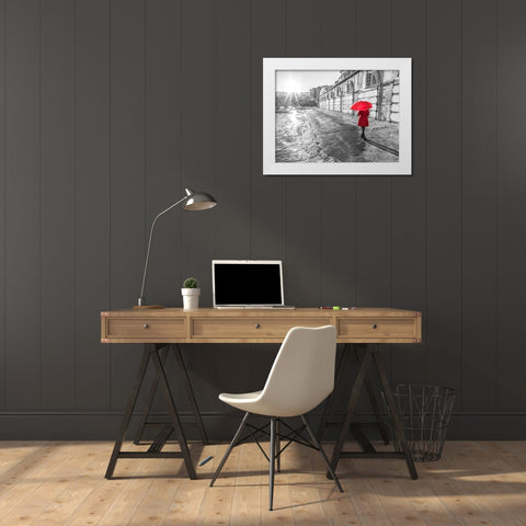 Tourist with red umbrella, Malta White Modern Wood Framed Art Print by Frank, Assaf