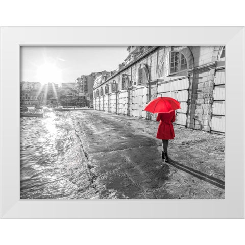 Tourist with red umbrella, Malta White Modern Wood Framed Art Print by Frank, Assaf