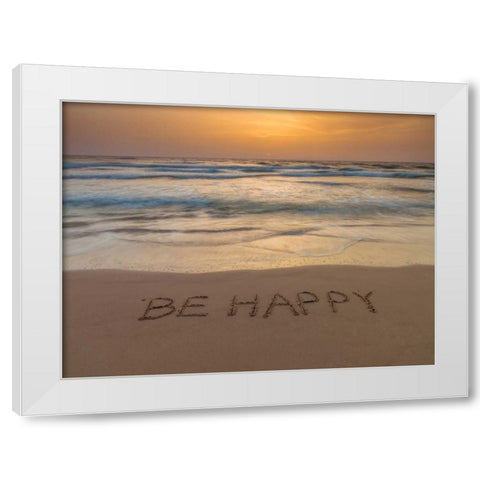 Sand writing - Word Be Happy written on beach White Modern Wood Framed Art Print by Frank, Assaf