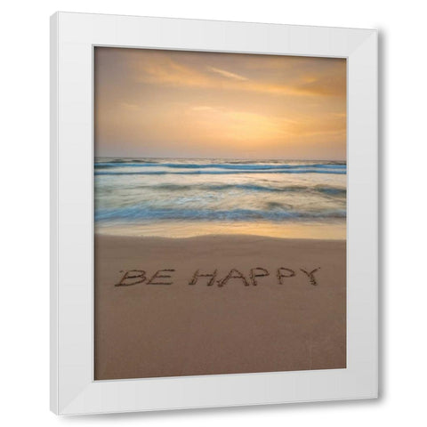 Sand writing - Word Be Happy written on beach White Modern Wood Framed Art Print by Frank, Assaf