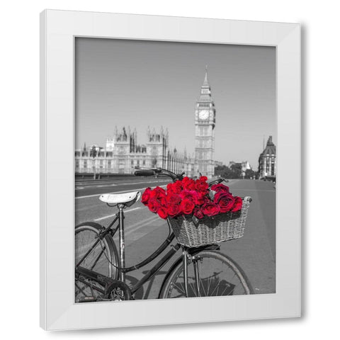 Bicycle with bunch of flowers on Westminster Bridge-London-UK White Modern Wood Framed Art Print by Frank, Assaf