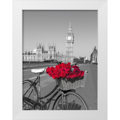 Bicycle with bunch of flowers on Westminster Bridge-London-UK White Modern Wood Framed Art Print by Frank, Assaf