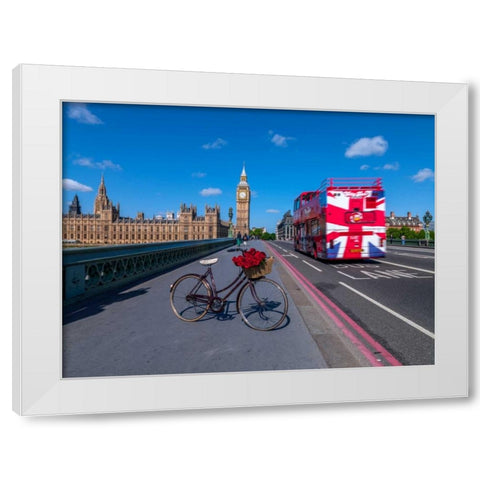Bicycle with bunch of flowers on Westminster Bridge , London, UK White Modern Wood Framed Art Print by Frank, Assaf