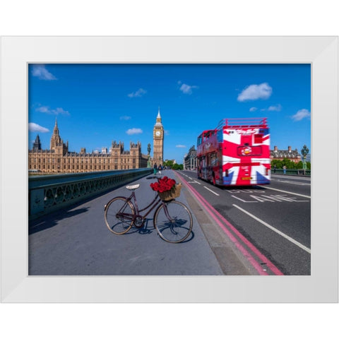 Bicycle with bunch of flowers on Westminster Bridge , London, UK White Modern Wood Framed Art Print by Frank, Assaf