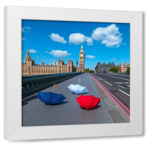 Colourful umbrellas on Westminster Bridge , London, UK White Modern Wood Framed Art Print by Frank, Assaf