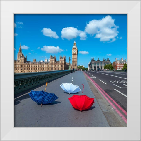 Colourful umbrellas on Westminster Bridge , London, UK White Modern Wood Framed Art Print by Frank, Assaf