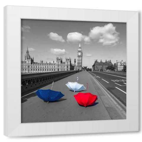 Colourful umbrellas on Westminster Bridge , London, UK White Modern Wood Framed Art Print by Frank, Assaf