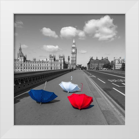Colourful umbrellas on Westminster Bridge , London, UK White Modern Wood Framed Art Print by Frank, Assaf