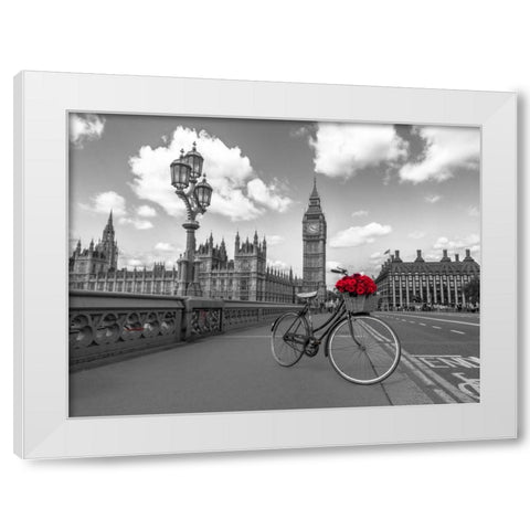 Bicycle with bunch of flowers on Westminster Bridge, London, UK White Modern Wood Framed Art Print by Frank, Assaf