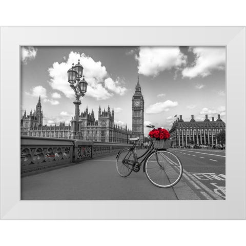 Bicycle with bunch of flowers on Westminster Bridge, London, UK White Modern Wood Framed Art Print by Frank, Assaf