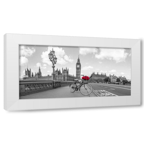 Bicycle with bunch of flowers on Westminster Bridge, London, UK White Modern Wood Framed Art Print by Frank, Assaf