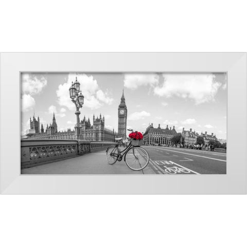 Bicycle with bunch of flowers on Westminster Bridge, London, UK White Modern Wood Framed Art Print by Frank, Assaf