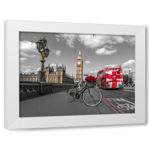 Bicycle with bunch of flowers on Westminster Bridge, London, UK White Modern Wood Framed Art Print by Frank, Assaf