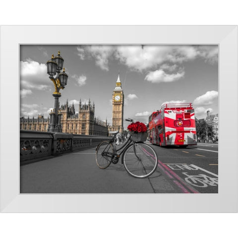 Bicycle with bunch of flowers on Westminster Bridge, London, UK White Modern Wood Framed Art Print by Frank, Assaf