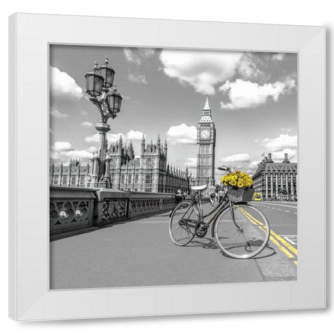 Bicycle with bunch of flowers on Westminster Bridge-London-UK White Modern Wood Framed Art Print by Frank, Assaf