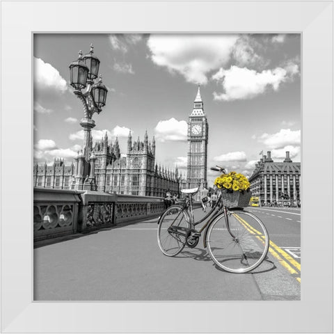 Bicycle with bunch of flowers on Westminster Bridge-London-UK White Modern Wood Framed Art Print by Frank, Assaf