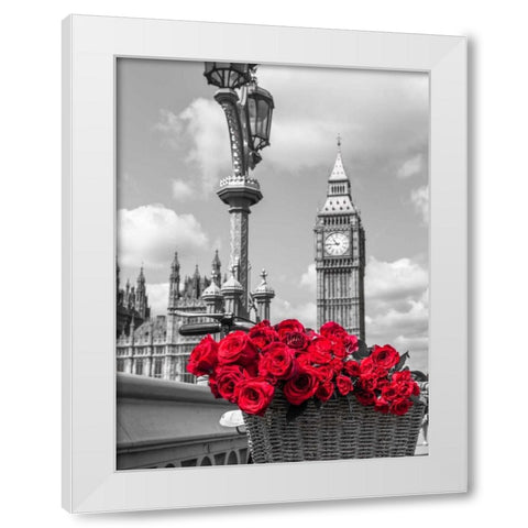 Bicycle with bunch of flowers on Westminster Bridge, London, UK White Modern Wood Framed Art Print by Frank, Assaf