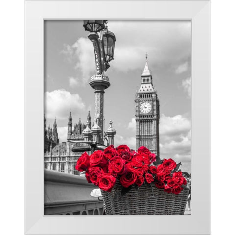 Bicycle with bunch of flowers on Westminster Bridge, London, UK White Modern Wood Framed Art Print by Frank, Assaf