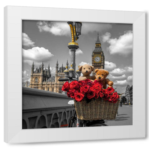 Bicycle with bunch of flowers on Westminster Bridge, London, UK White Modern Wood Framed Art Print by Frank, Assaf