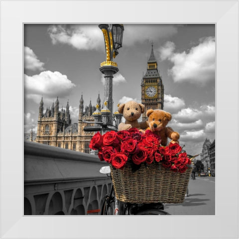 Bicycle with bunch of flowers on Westminster Bridge, London, UK White Modern Wood Framed Art Print by Frank, Assaf