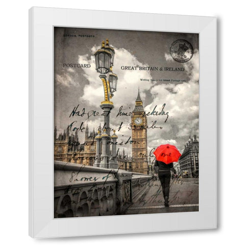 Tourist with an umbrella on Westminster Bridge, London, UK White Modern Wood Framed Art Print by Frank, Assaf