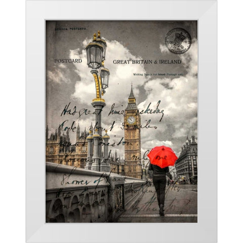 Tourist with an umbrella on Westminster Bridge, London, UK White Modern Wood Framed Art Print by Frank, Assaf