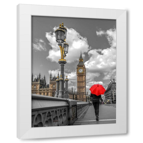 Tourist with an umbrella on Westminster Bridge, London, UK White Modern Wood Framed Art Print by Frank, Assaf