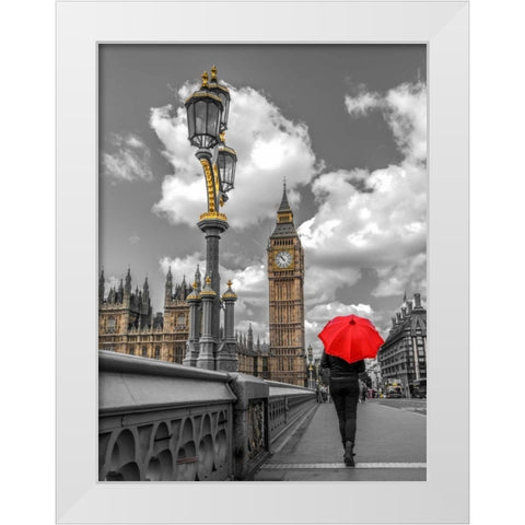 Tourist with an umbrella on Westminster Bridge, London, UK White Modern Wood Framed Art Print by Frank, Assaf