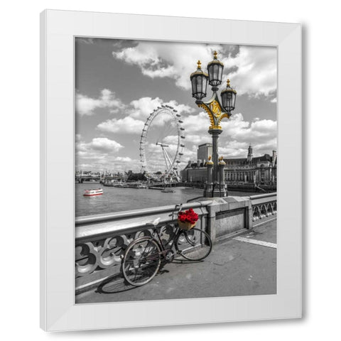 Bicycle with bunch of flowers on Westminster Bridge, London, UK White Modern Wood Framed Art Print by Frank, Assaf