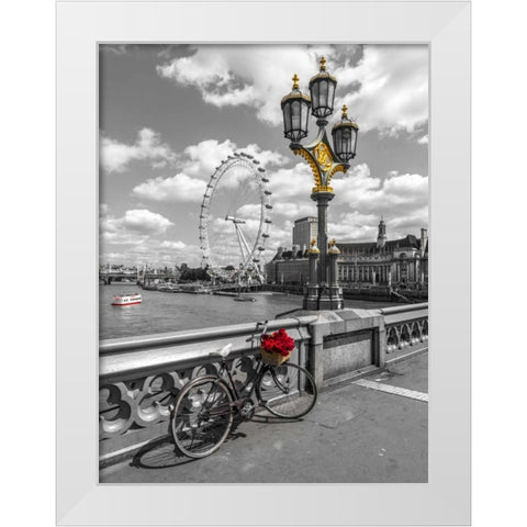 Bicycle with bunch of flowers on Westminster Bridge, London, UK White Modern Wood Framed Art Print by Frank, Assaf