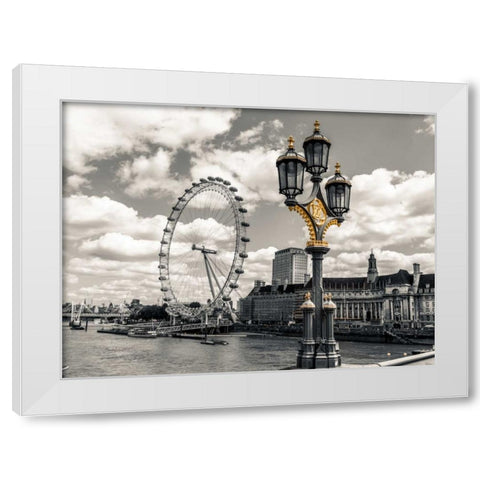 Lampost with London eye and County hall in background, London, UK White Modern Wood Framed Art Print by Frank, Assaf