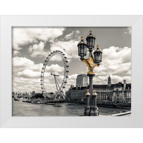 Lampost with London eye and County hall in background, London, UK White Modern Wood Framed Art Print by Frank, Assaf