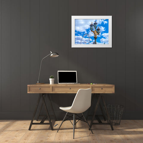 Street lamp with London Eye in background, London, UK White Modern Wood Framed Art Print by Frank, Assaf