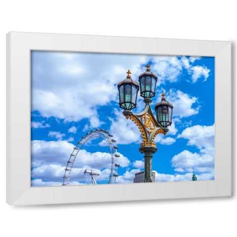 Street lamp with London Eye in background, London, UK White Modern Wood Framed Art Print by Frank, Assaf